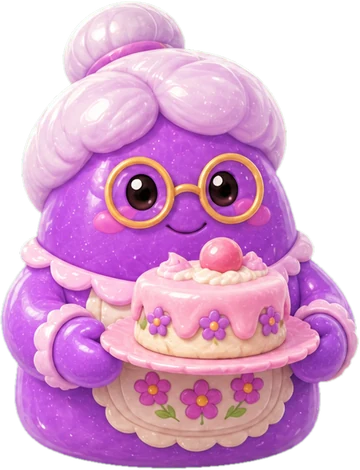 Grandma Gumdrop holding a cake
